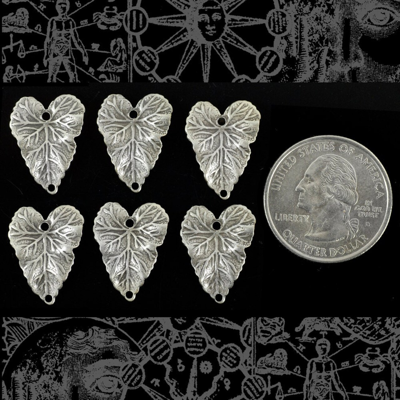 Antiqued Silver Plated Brass Heart Shaped Leaf Connectors - Set of Six - S-2C60